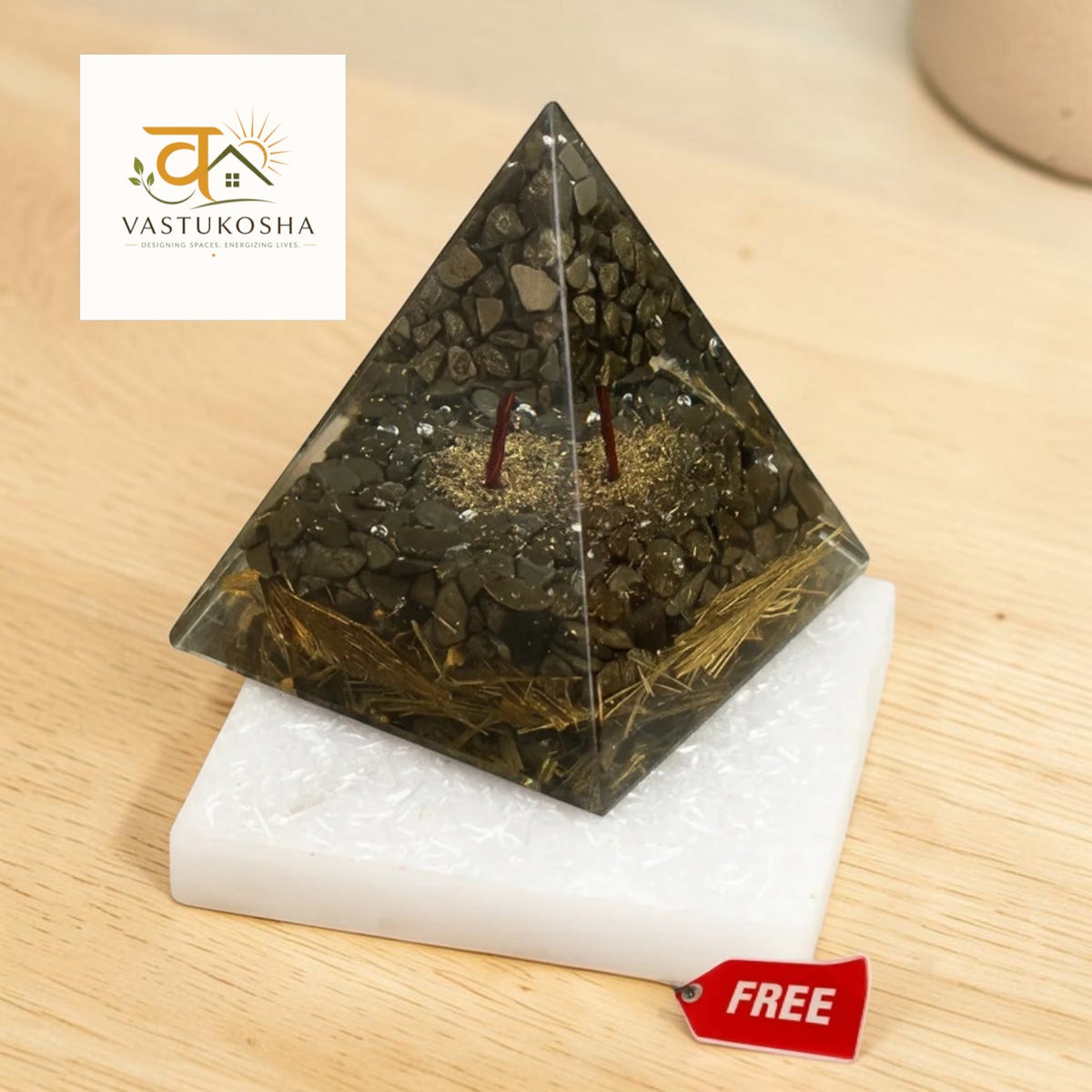 Money Magnet Pyrite Pyramid with Free Square Raw Selenite Plate | VastuKosha by Acharya Anuj