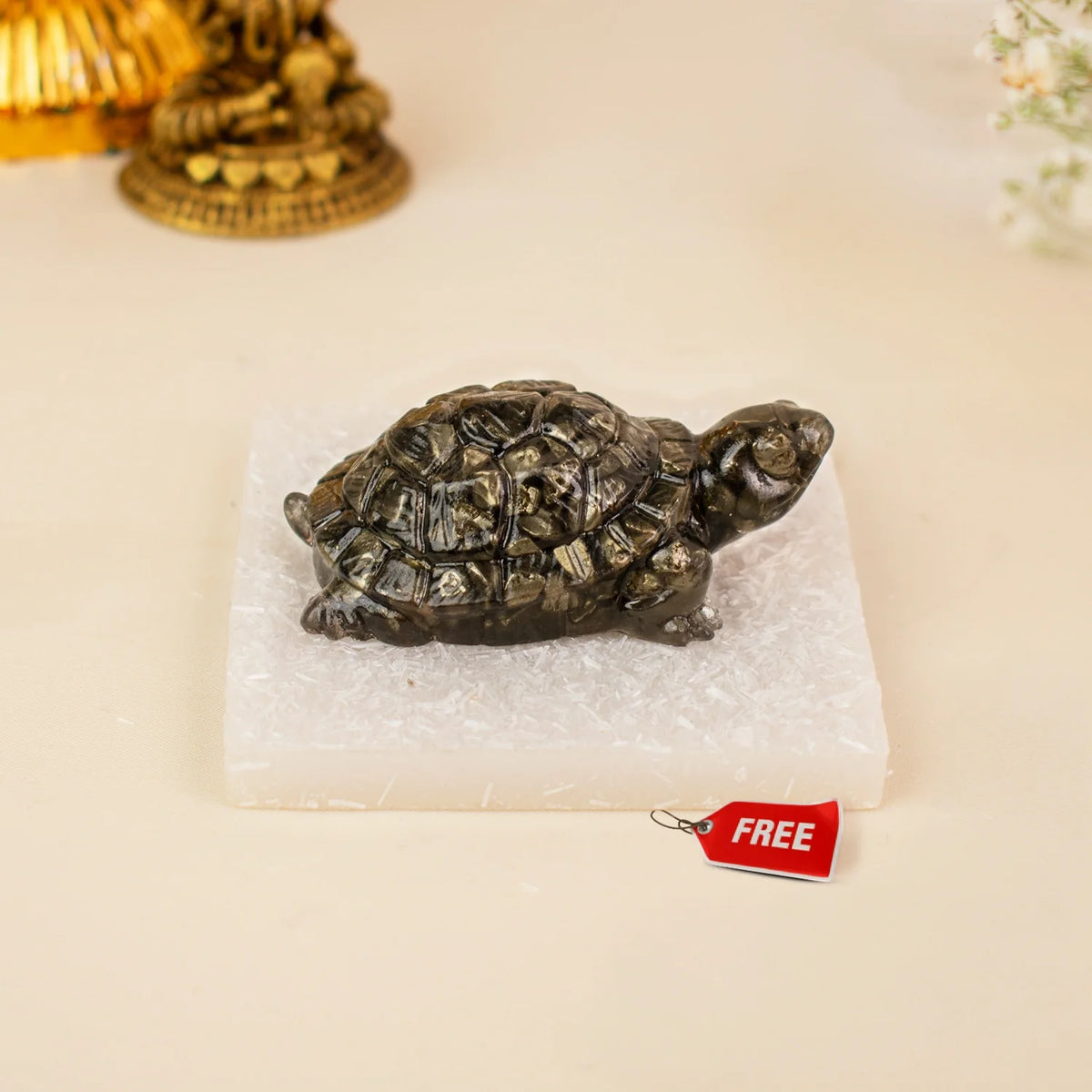 Vastu Pyrite Tortoise with Free Square Raw Selenite Plate  | VastuKosha by Acharya Anuj