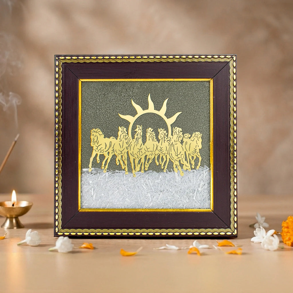 7 Horses on Pyrite & Selenite Dust Frame  | VastuKosha by Acharya Anuj
