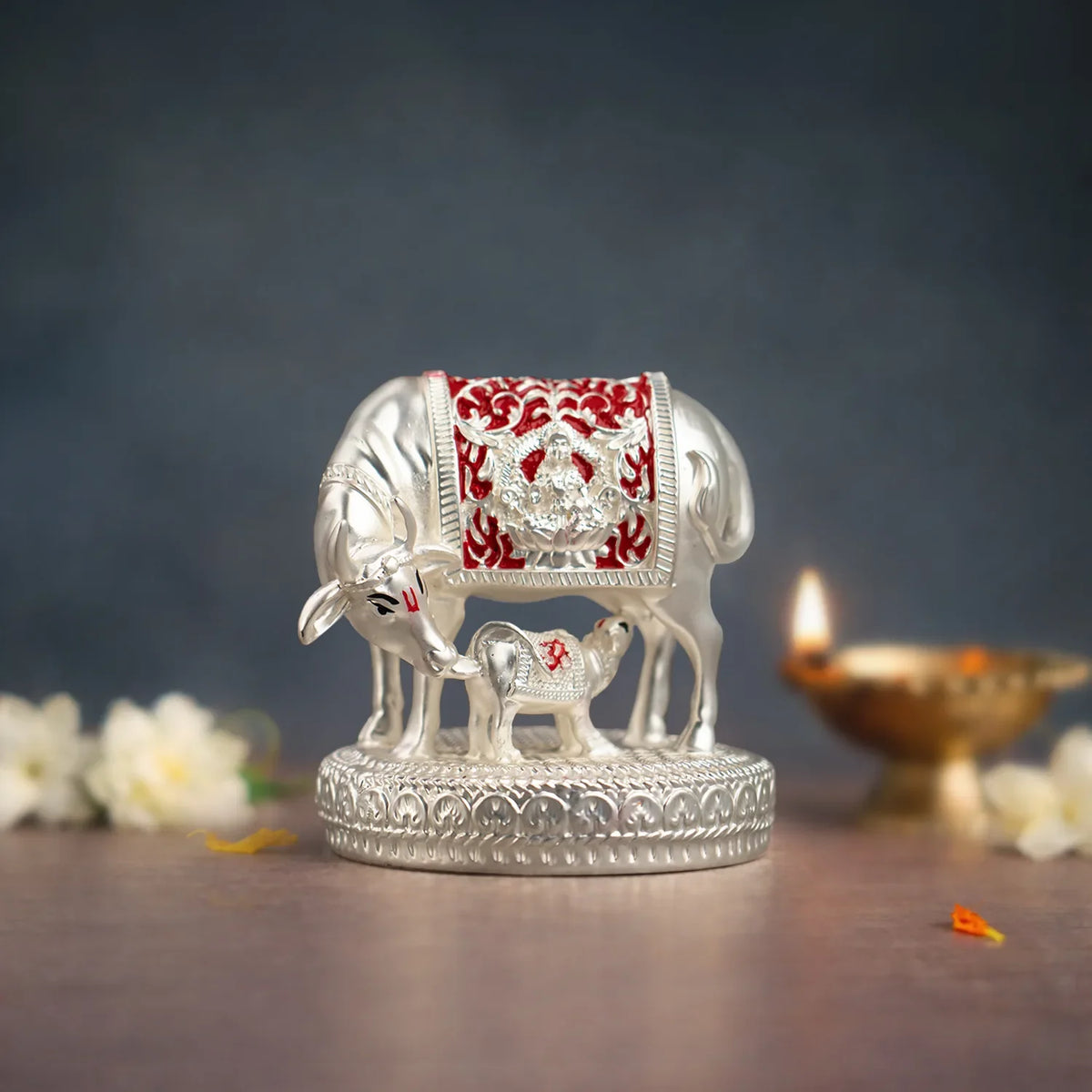 999 Silver Plated Kamdhenu Cow with Calf Idol | VastuKosha by Acharya Anuj