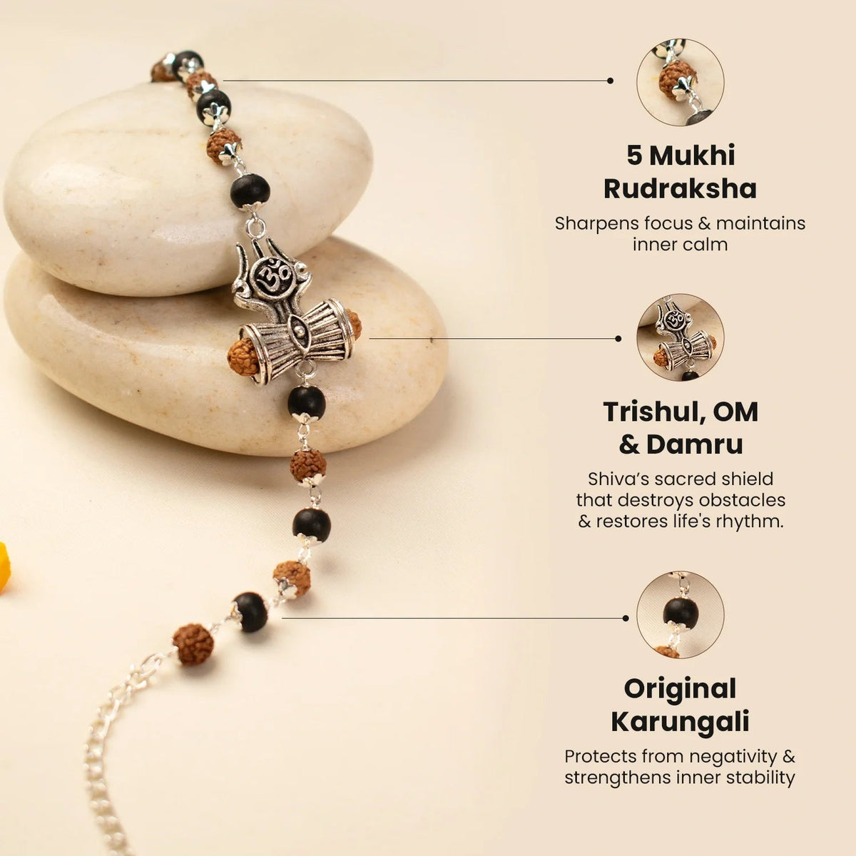 Rishikesh Siddh Om Trinetra Trishul Damru Karungali Rudraksha Bracelet | VastuKosha by Acharya Anuj