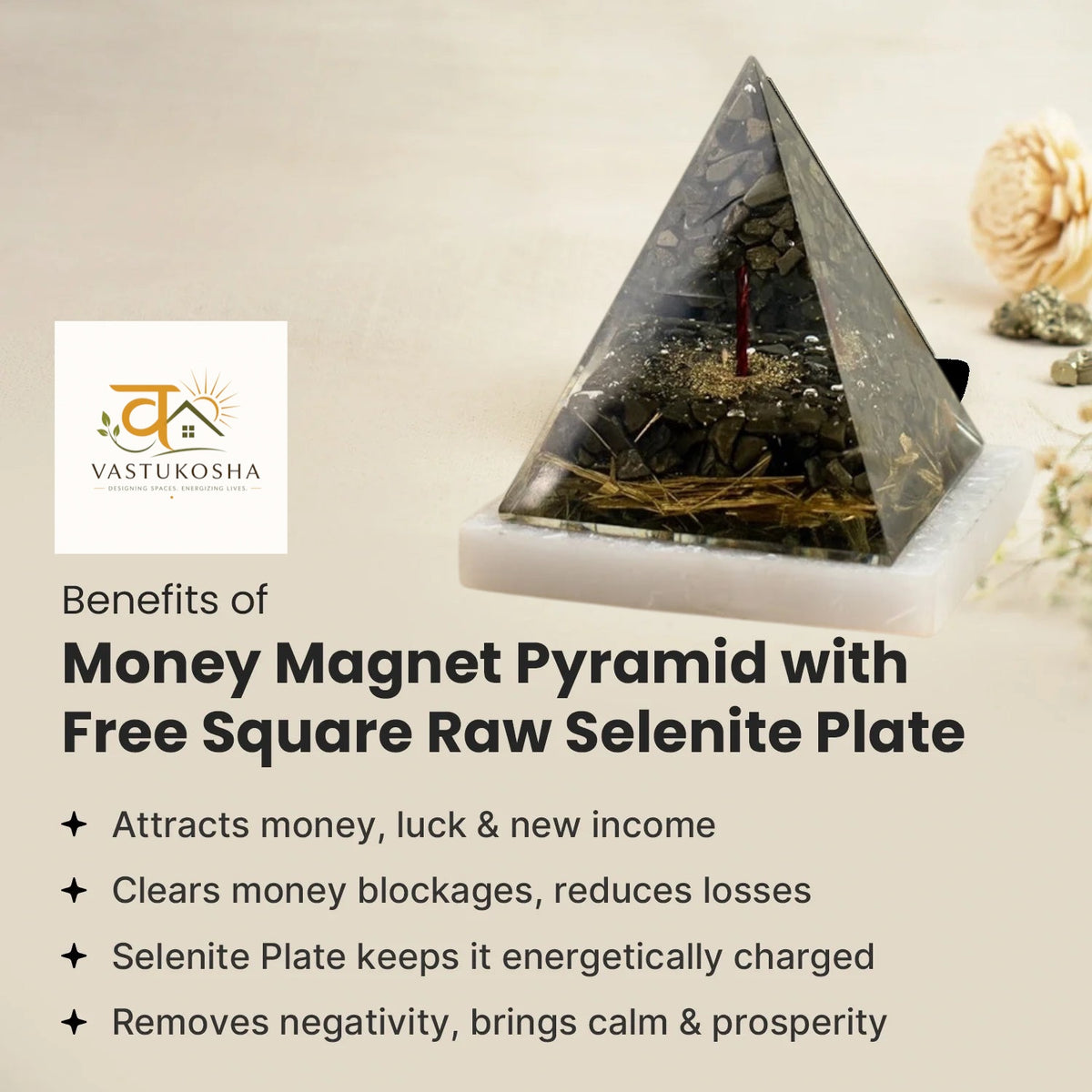 Money Magnet Pyrite Pyramid with Free Square Raw Selenite Plate | VastuKosha by Acharya Anuj