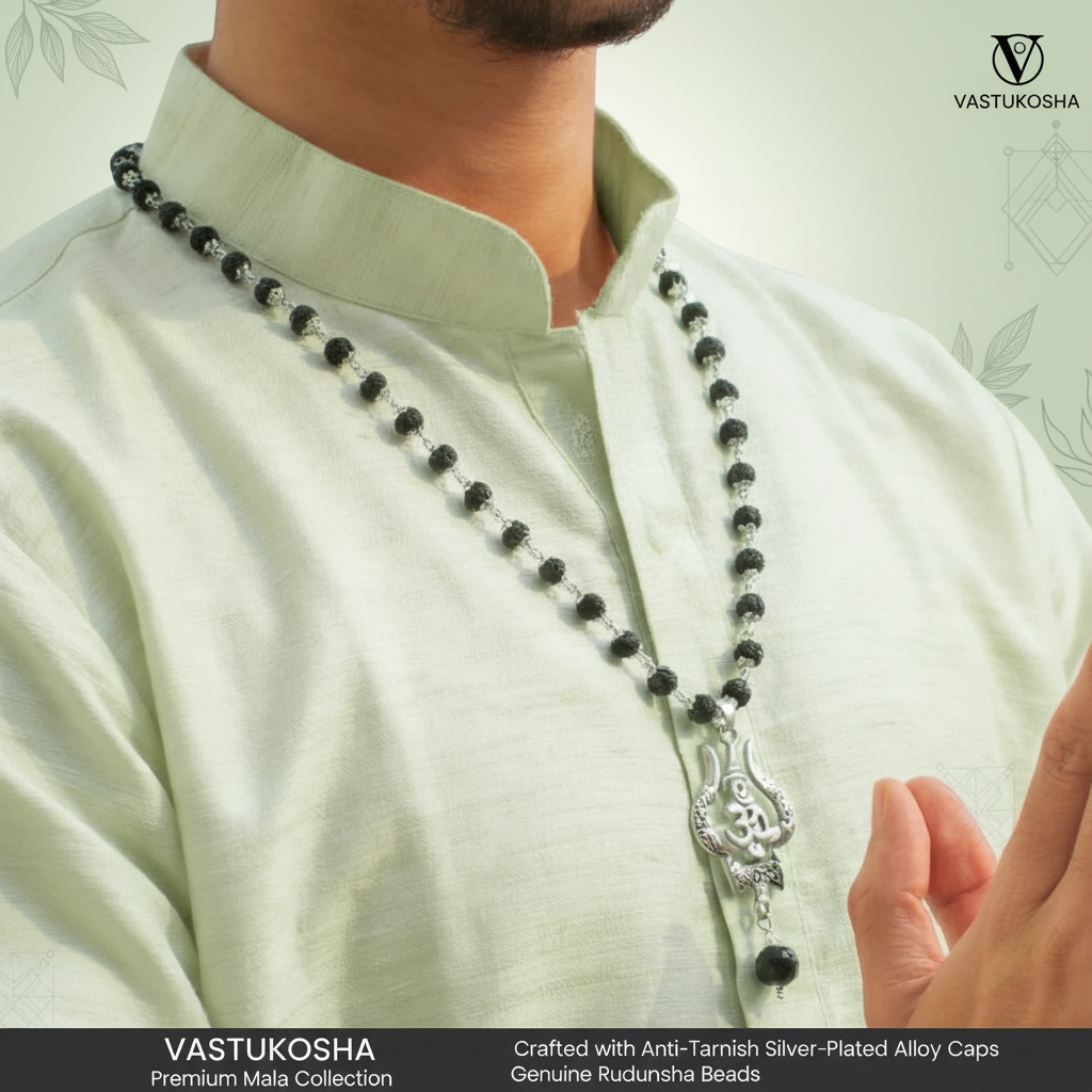 Rameshwaram Siddh Karthik Karungali Mala with Om Shiva Trishul Pendant | VastuKosha by Acharya Anuj