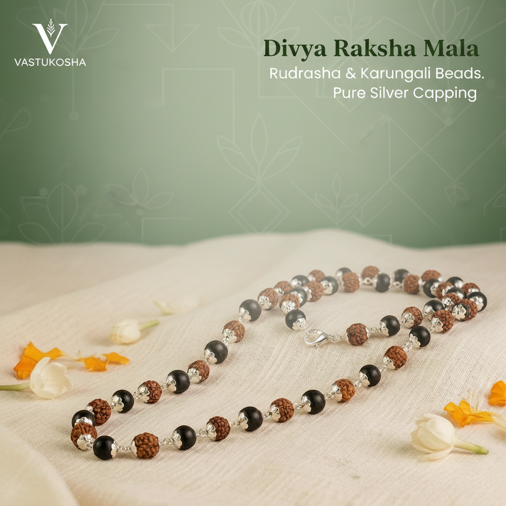 Rishikesh  Siddh Divya Rudraksha Karungali Mala - Silver Capped | VastuKosha by Acharya Anuj