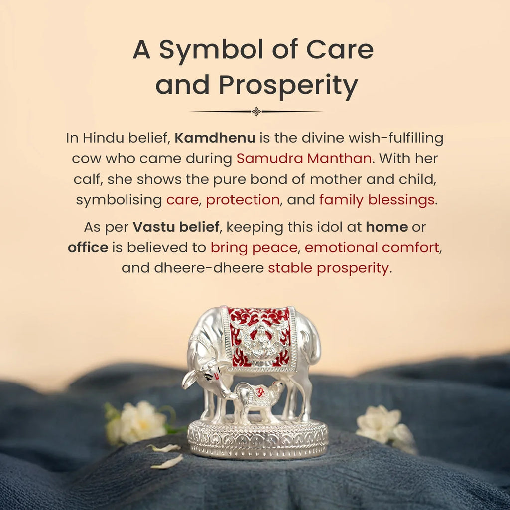 999 Silver Plated Kamdhenu Cow with Calf Idol | VastuKosha by Acharya Anuj