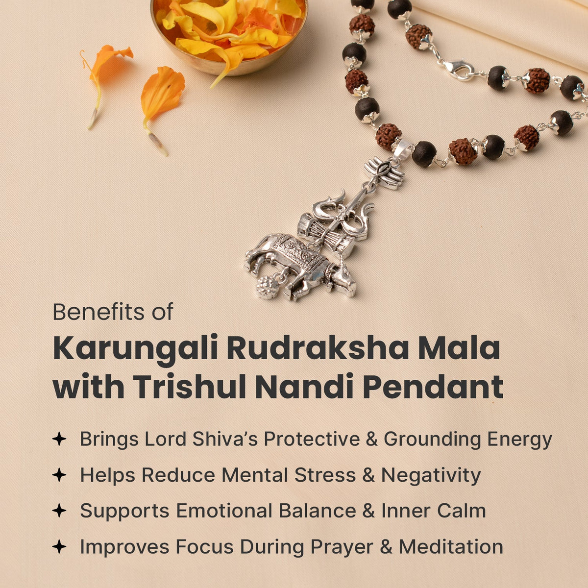 Shiv Raksha Karungali Rudraksha Mala with Trishul Nandi Pendant | VastuKosha by Acharya Anuj