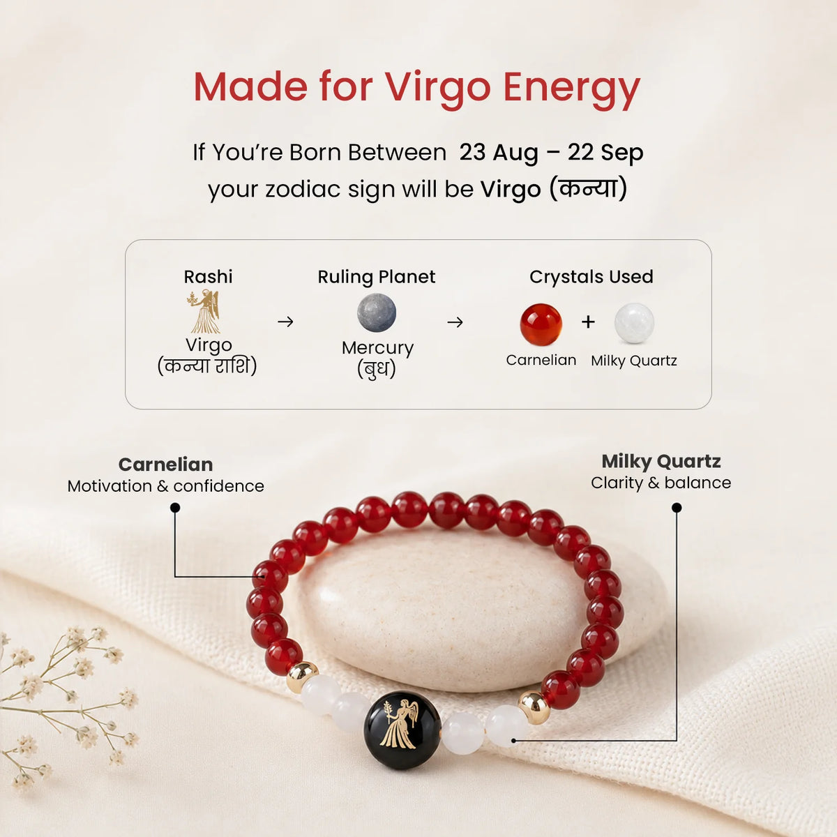 Virgo (‡§ï‡§®‡•ç‡§Ø‡§æ ‡§∞‡§æ‡§∂‡§ø) Zodiac Carnelian & Milky Quartz Bracelet for Women  | VastuKosha by Acharya Anuj