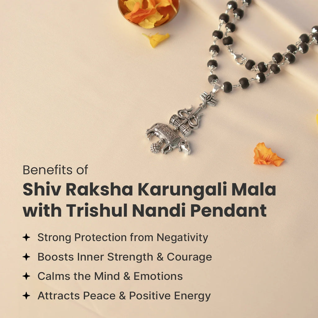 Shiv Raksha Karungali Mala with Trishul Nandi Pendant  | VastuKosha by Acharya Anuj