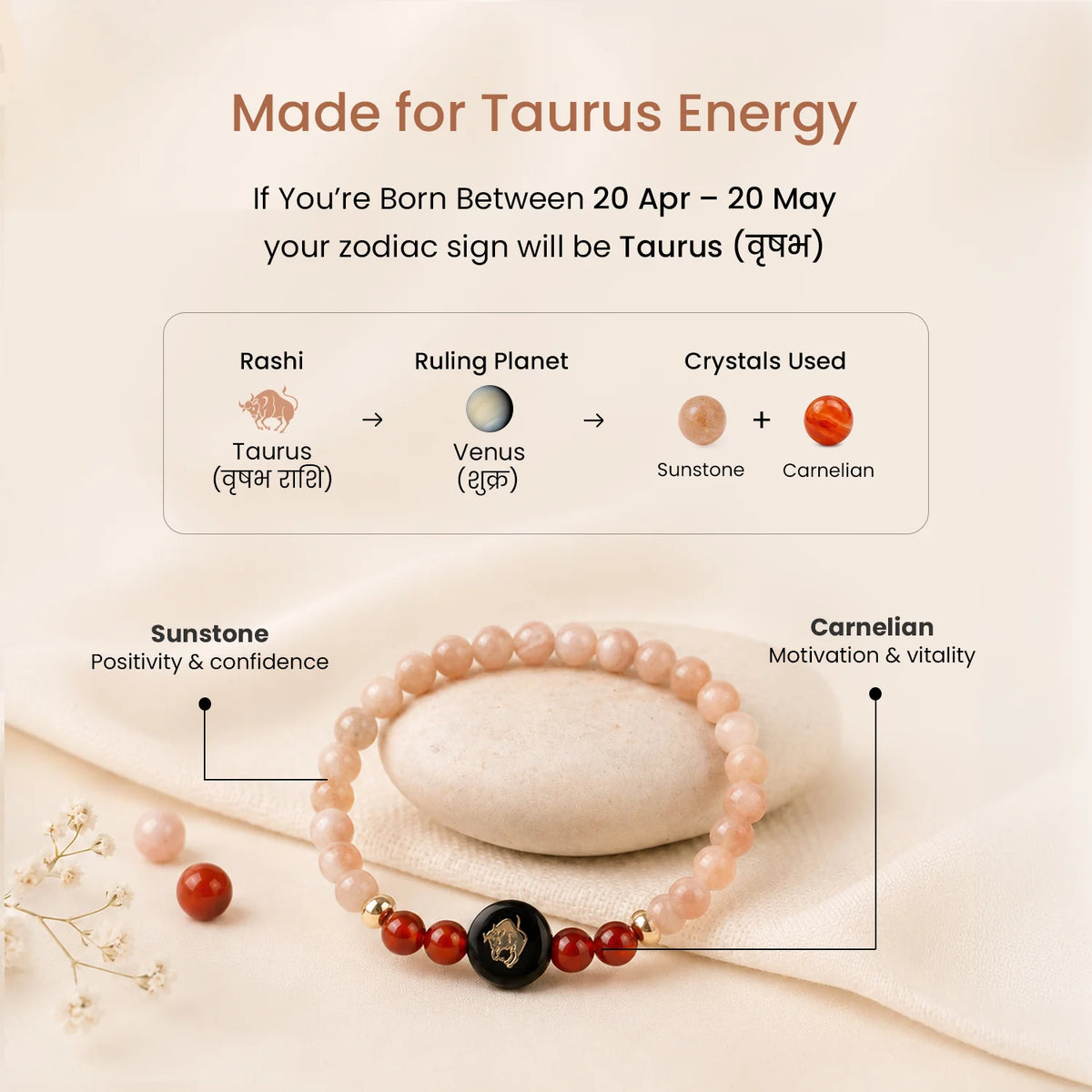 Taurus (‡§µ‡•É‡§∑‡§≠ ‡§∞‡§æ‡§∂‡§ø) Zodiac Sunstone & Carnelian Bracelet for Women  | VastuKosha by Acharya Anuj