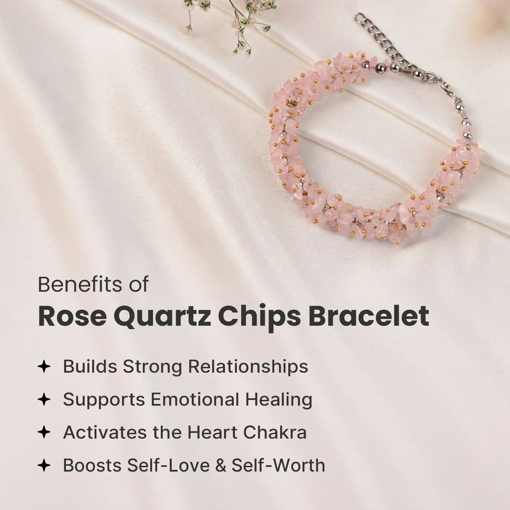 VASTUKOSHA rose quartz chip bracelet with metallic accents on white satin fabric, highlighting emotional healing benefits.