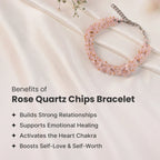 VASTUKOSHA rose quartz chip bracelet with metallic accents on white satin fabric, highlighting emotional healing benefits.