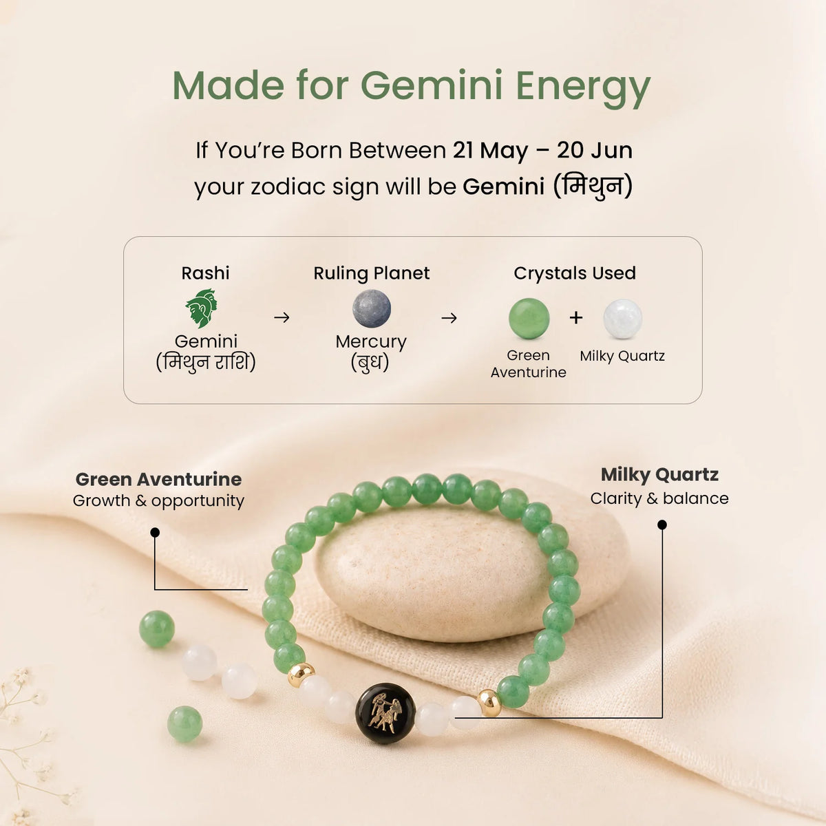 Gemini Zodiac Green Aventurine & Milky Quartz Bracelet for Women  | VastuKosha by Acharya Anuj