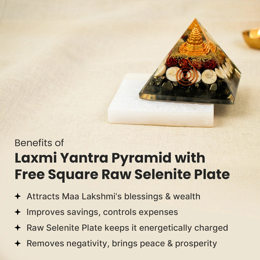 Laxmi Yantra Pyramid with Free Square Raw Selenite Plate | VastuKosha by Acharya Anuj
