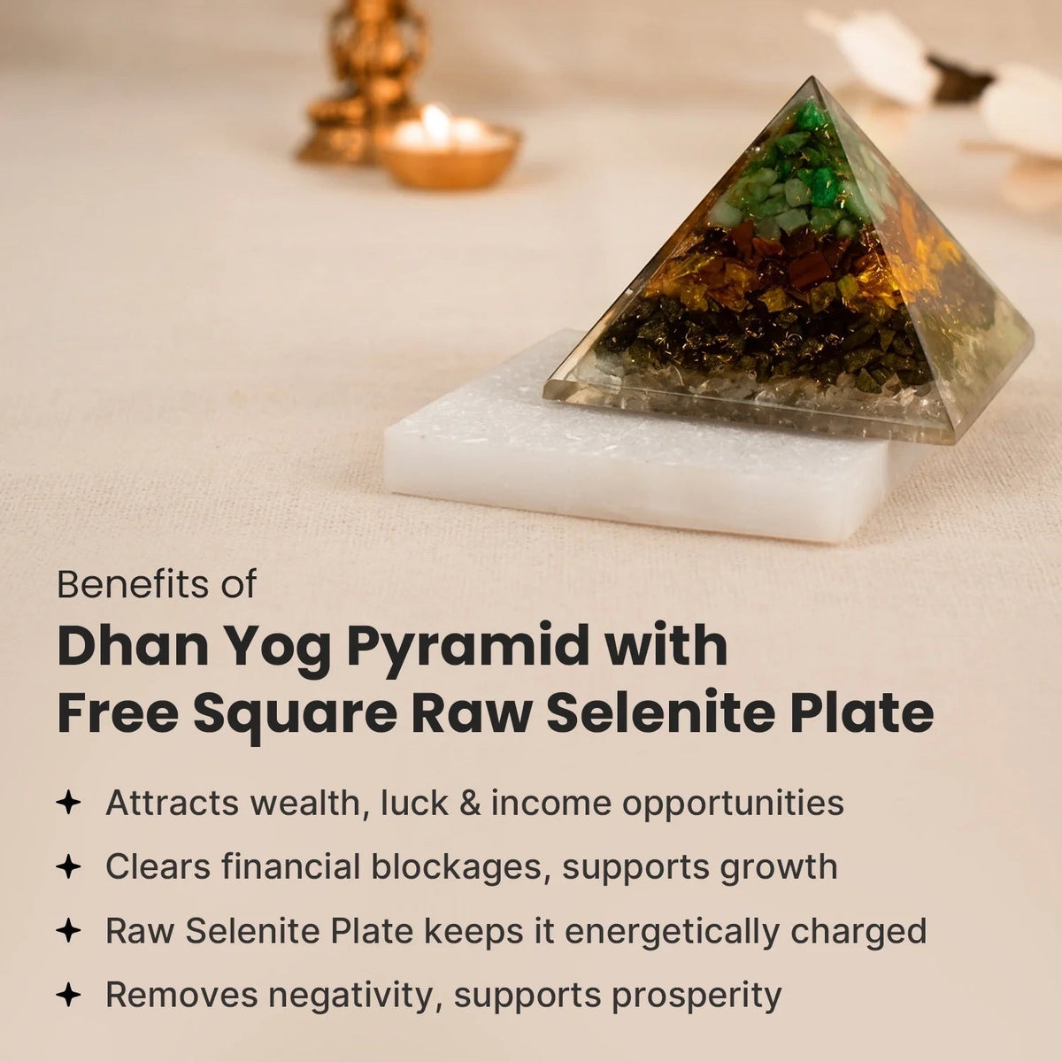 Dhan Yog Pyramid With Free Square Raw Selenite Plate | VastuKosha by Acharya Anuj