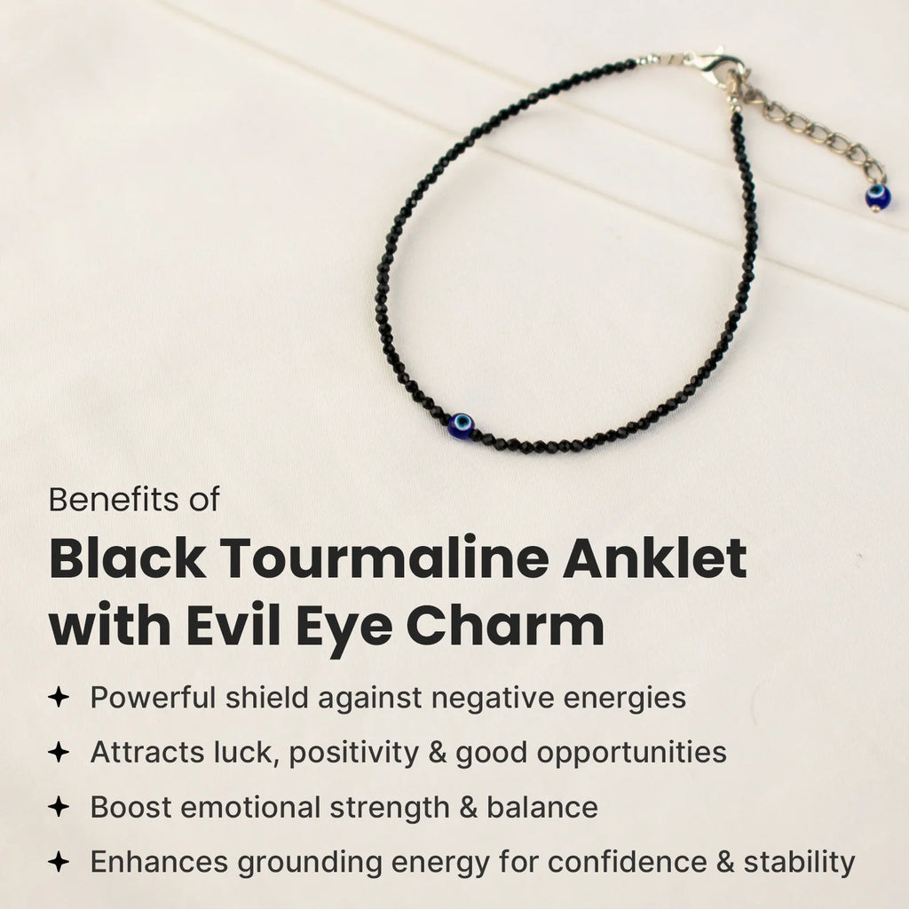 Black Tourmaline Anklet with Evil Eye Charm | VastuKosha by Acharya Anuj