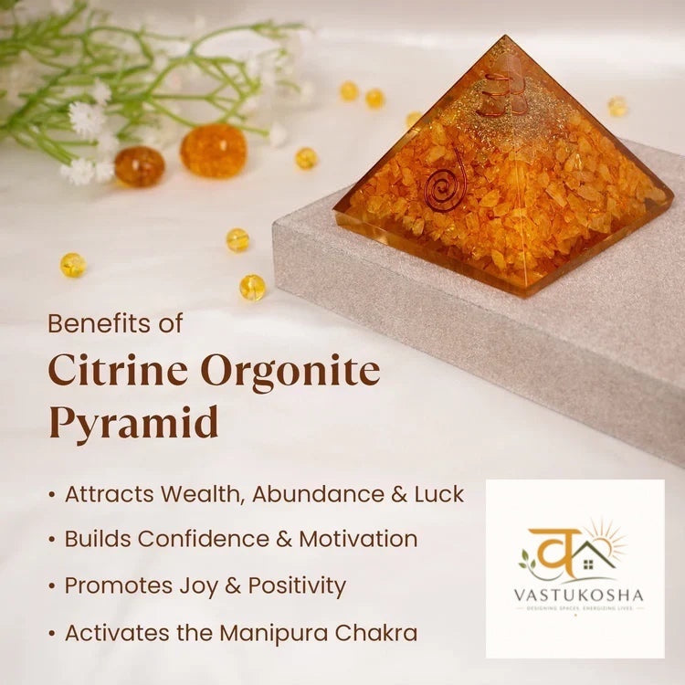 Citrine Pyramid with Free Raw Square Selenite Plate | VastuKosha by Acharya Anuj