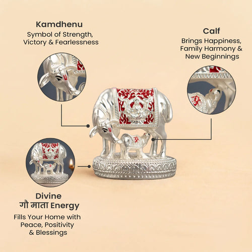 999 Silver Plated Kamdhenu Cow with Calf Idol | VastuKosha by Acharya Anuj