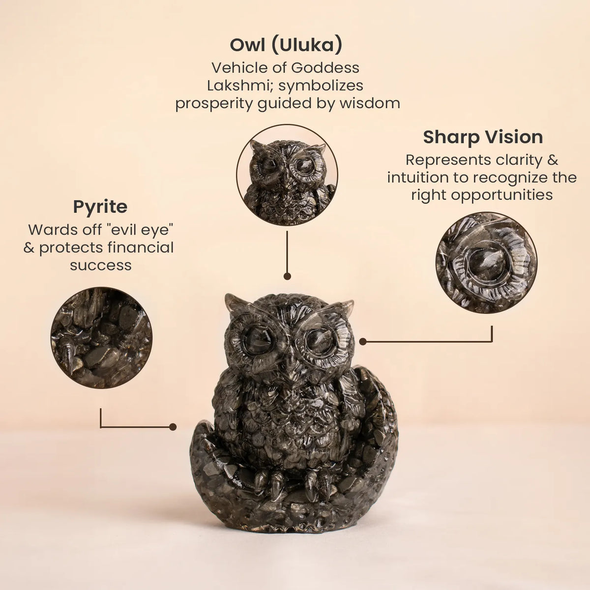 Pyrite Owl with Free Square Selenite Plate | VastuKosha by Acharya Anuj