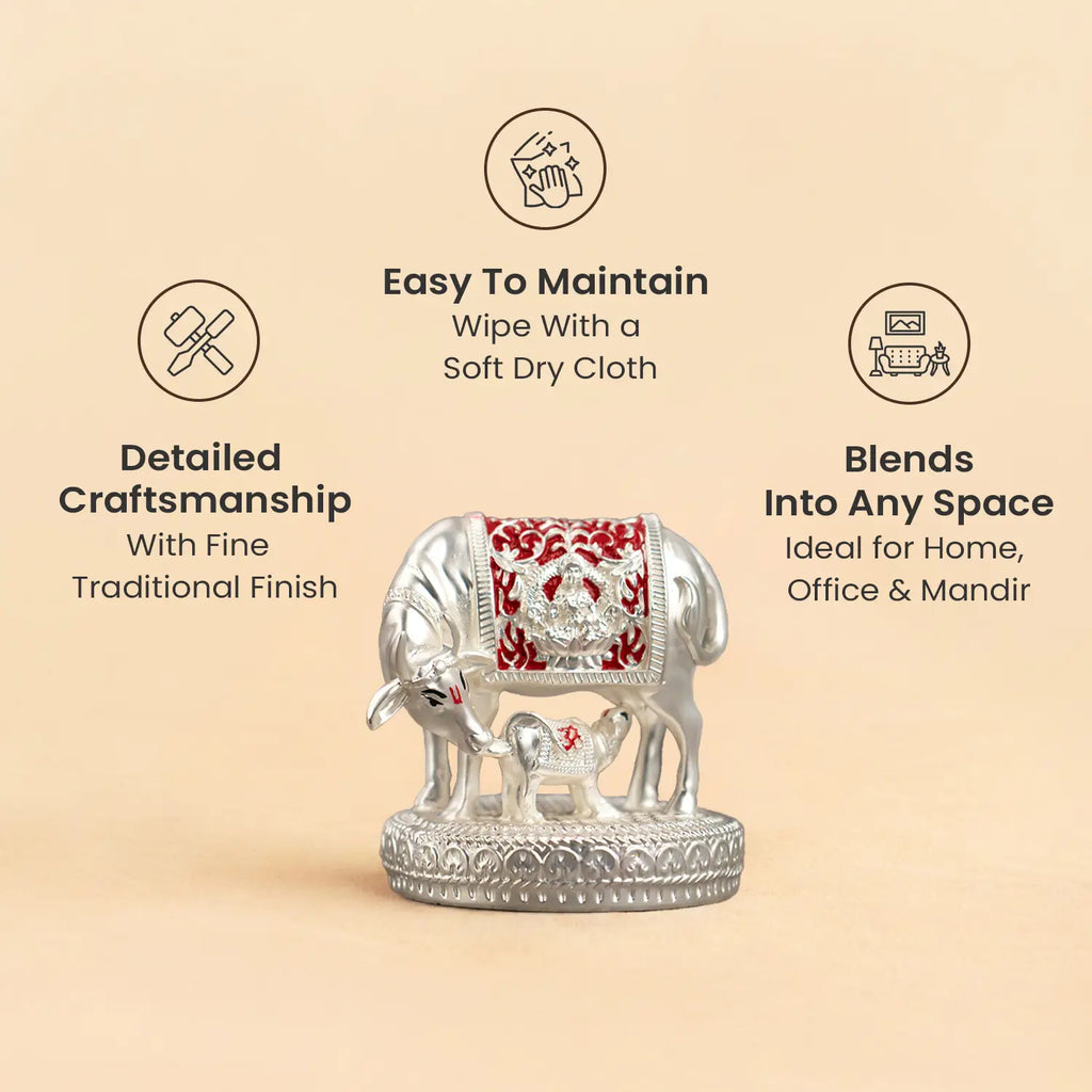 999 Silver Plated Kamdhenu Cow with Calf Idol | VastuKosha by Acharya Anuj