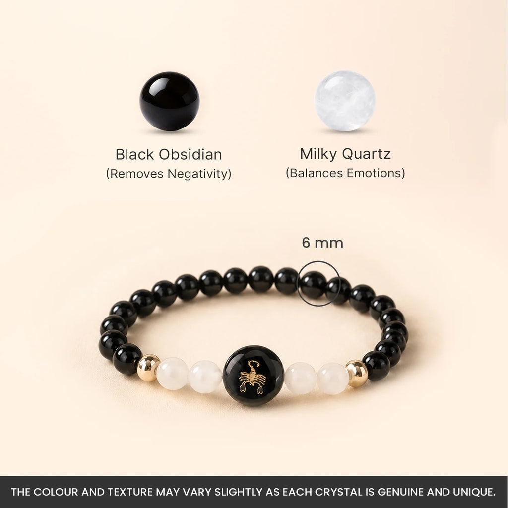 Scorpio (‡§µ‡•É‡§∂‡•ç‡§ö‡§ø‡§ï ‡§∞‡§æ‡§∂‡§ø) Zodiac Black Obsidian & Milky Quartz Bracelet for Women | VastuKosha by Acharya Anuj
