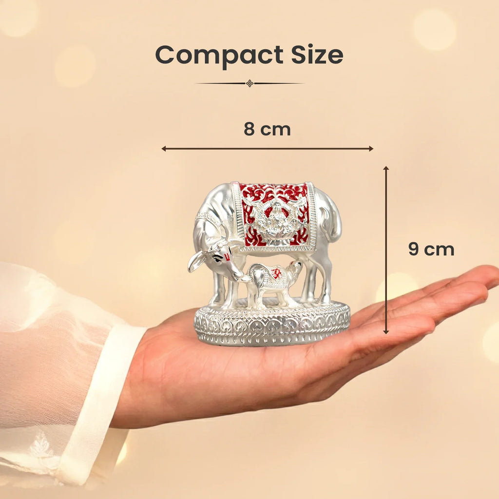 999 Silver Plated Kamdhenu Cow with Calf Idol | VastuKosha by Acharya Anuj