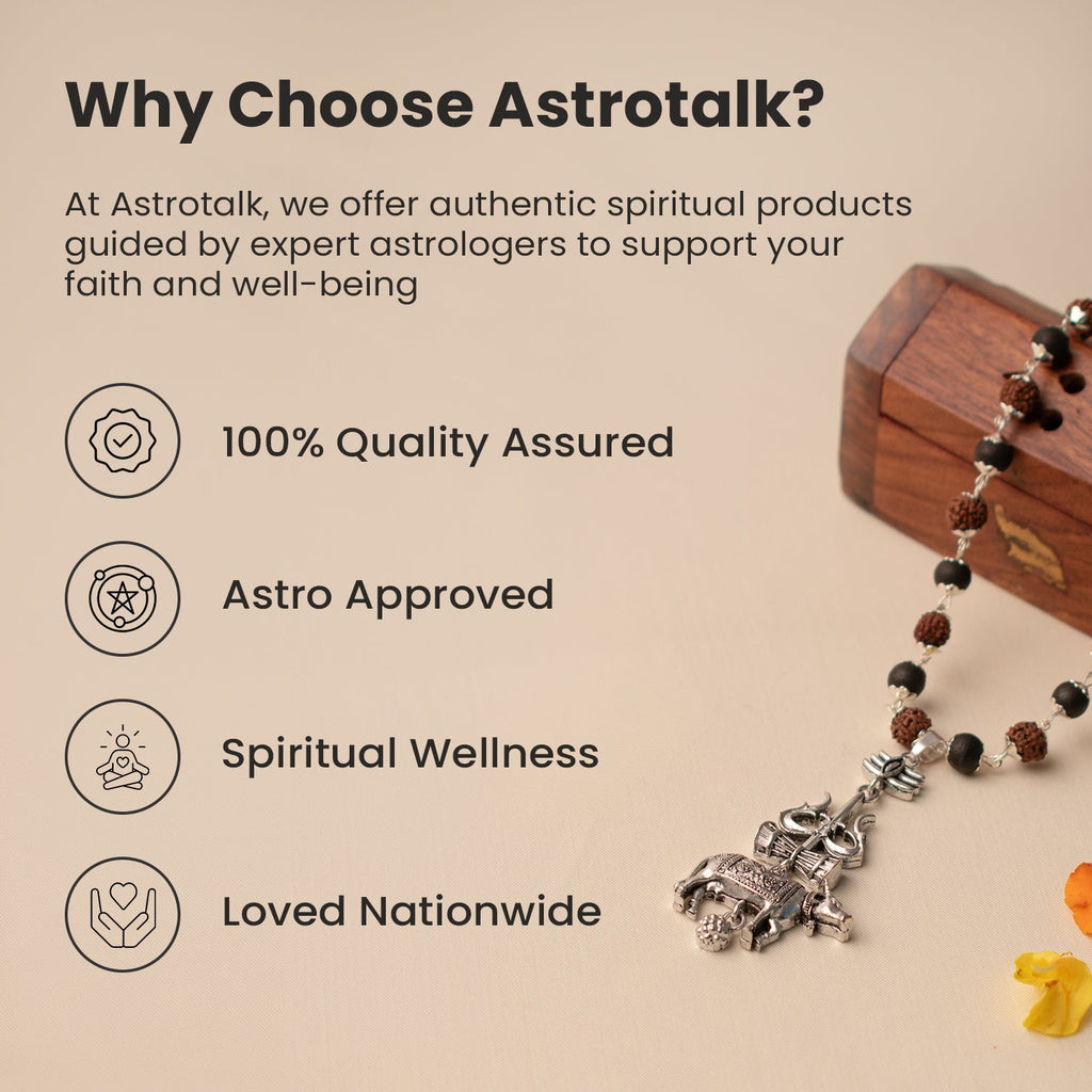 Shiv Raksha Karungali Rudraksha Mala with Trishul Nandi Pendant | VastuKosha by Acharya Anuj