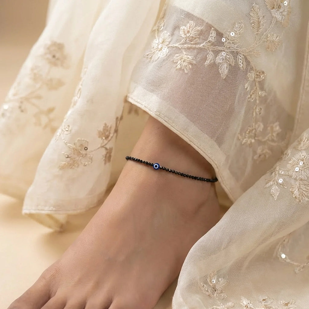 Black Tourmaline Anklet with Evil Eye Charm | VastuKosha by Acharya Anuj