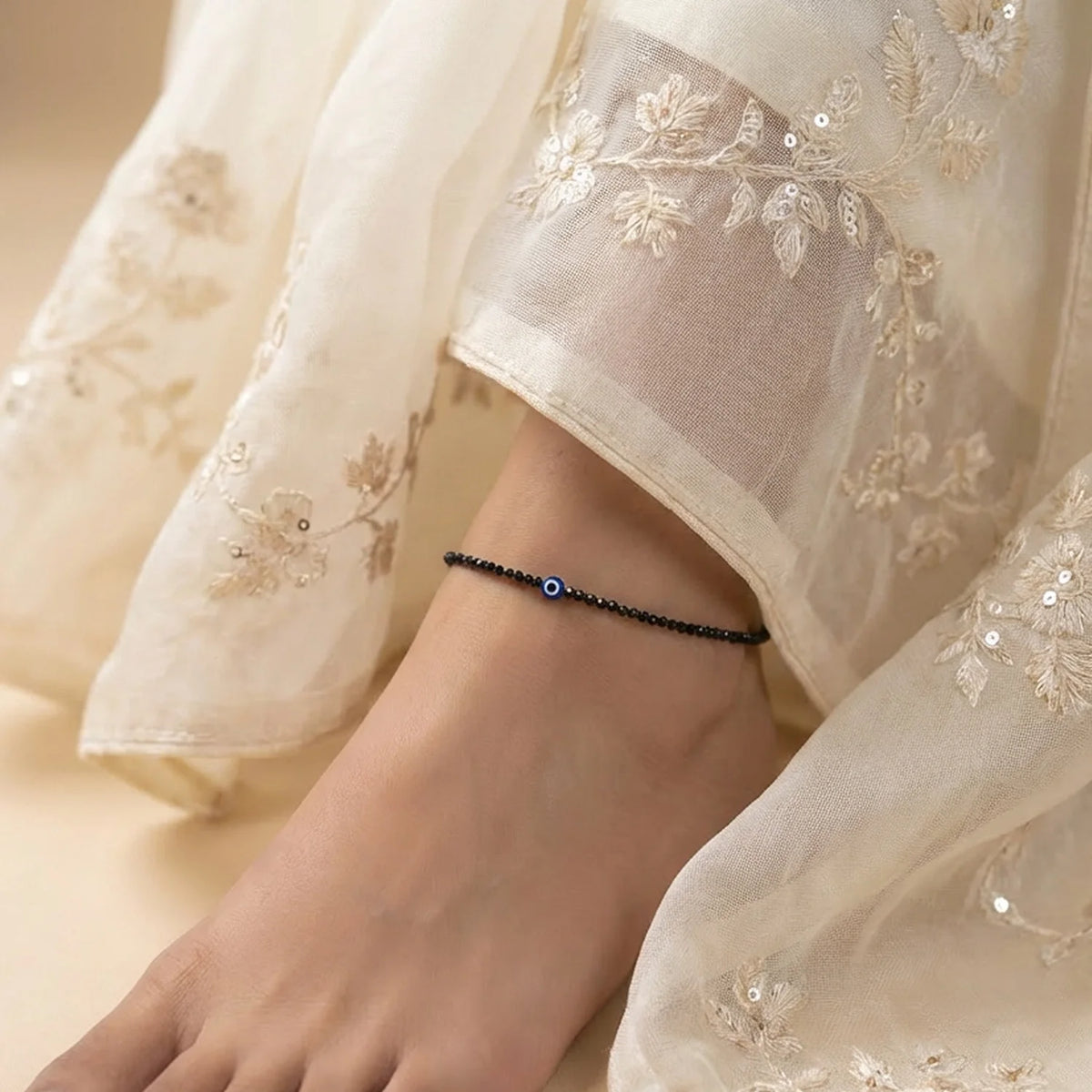 Black Tourmaline Anklet with Evil Eye Charm | VastuKosha by Acharya Anuj