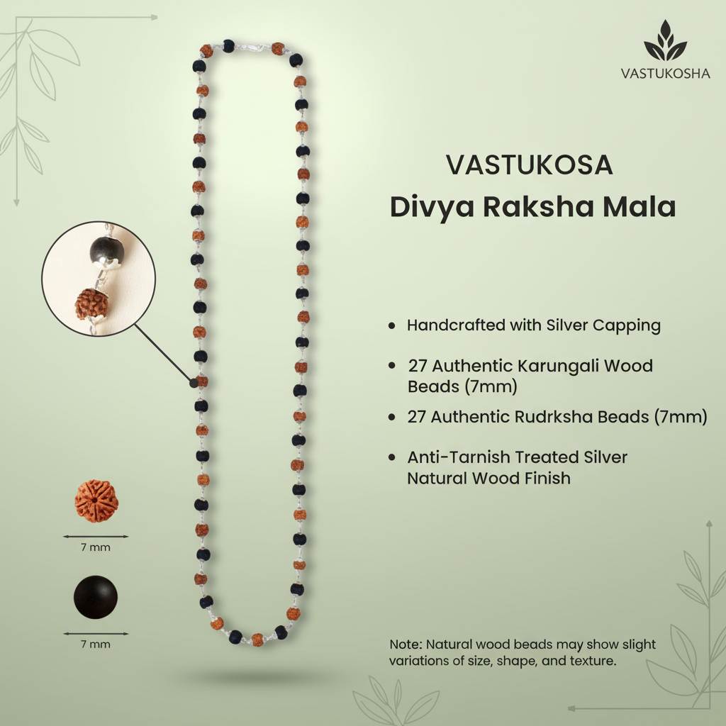 Rishikesh  Siddh Divya Rudraksha Karungali Mala - Silver Capped | VastuKosha by Acharya Anuj