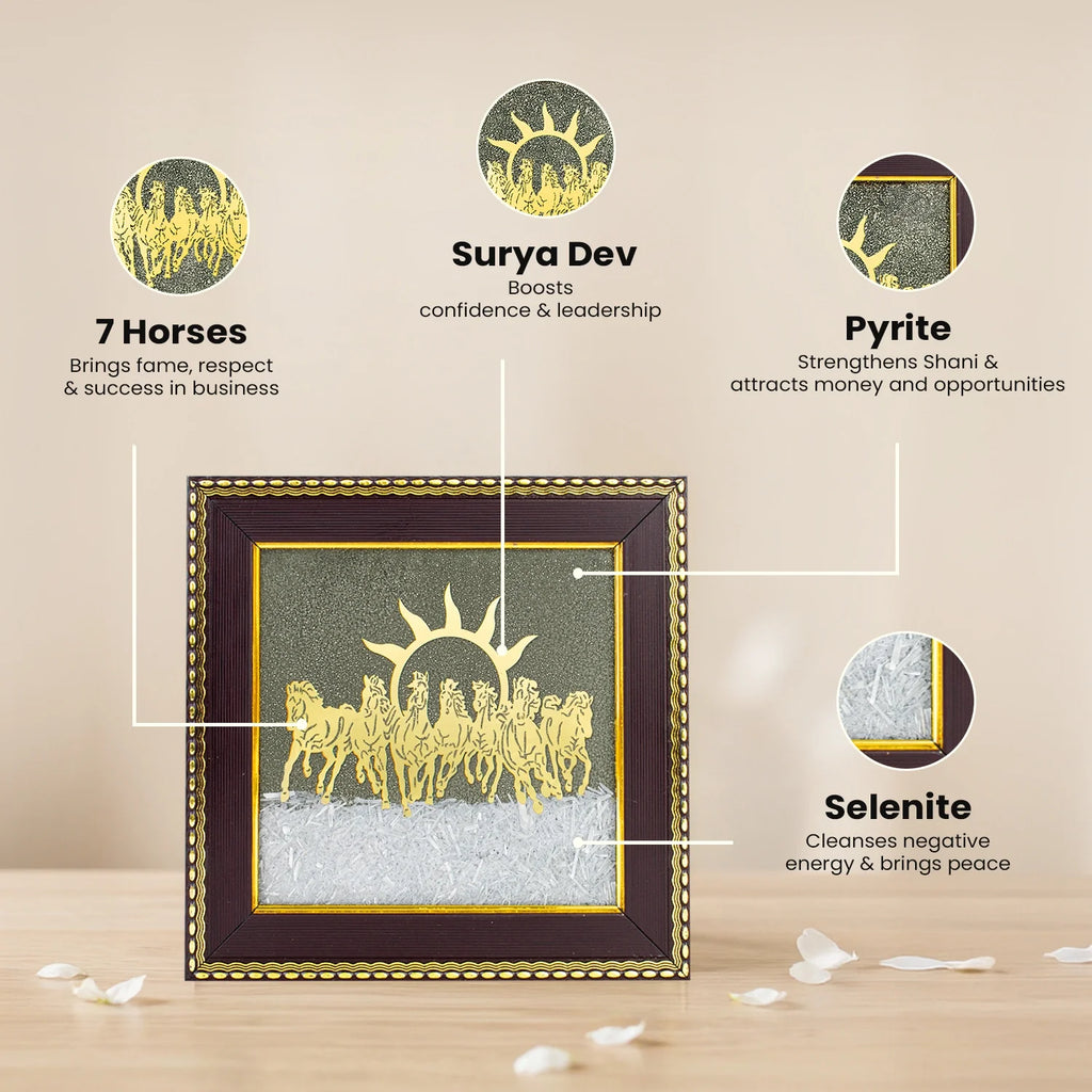 7 Horses on Pyrite & Selenite Dust Frame  | VastuKosha by Acharya Anuj