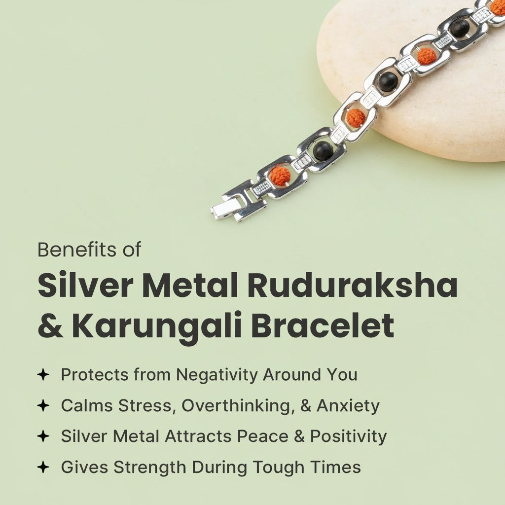 Metal Rudraksha and Karungali Bracelet - Silver | VastuKosha by Acharya Anuj