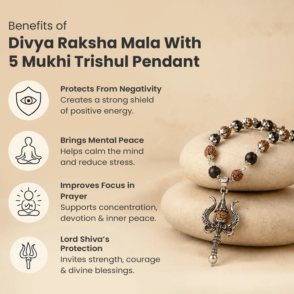 Divya Raksha Mala With 5 Mukhi Trishul Pendant | VastuKosha by Acharya Anuj