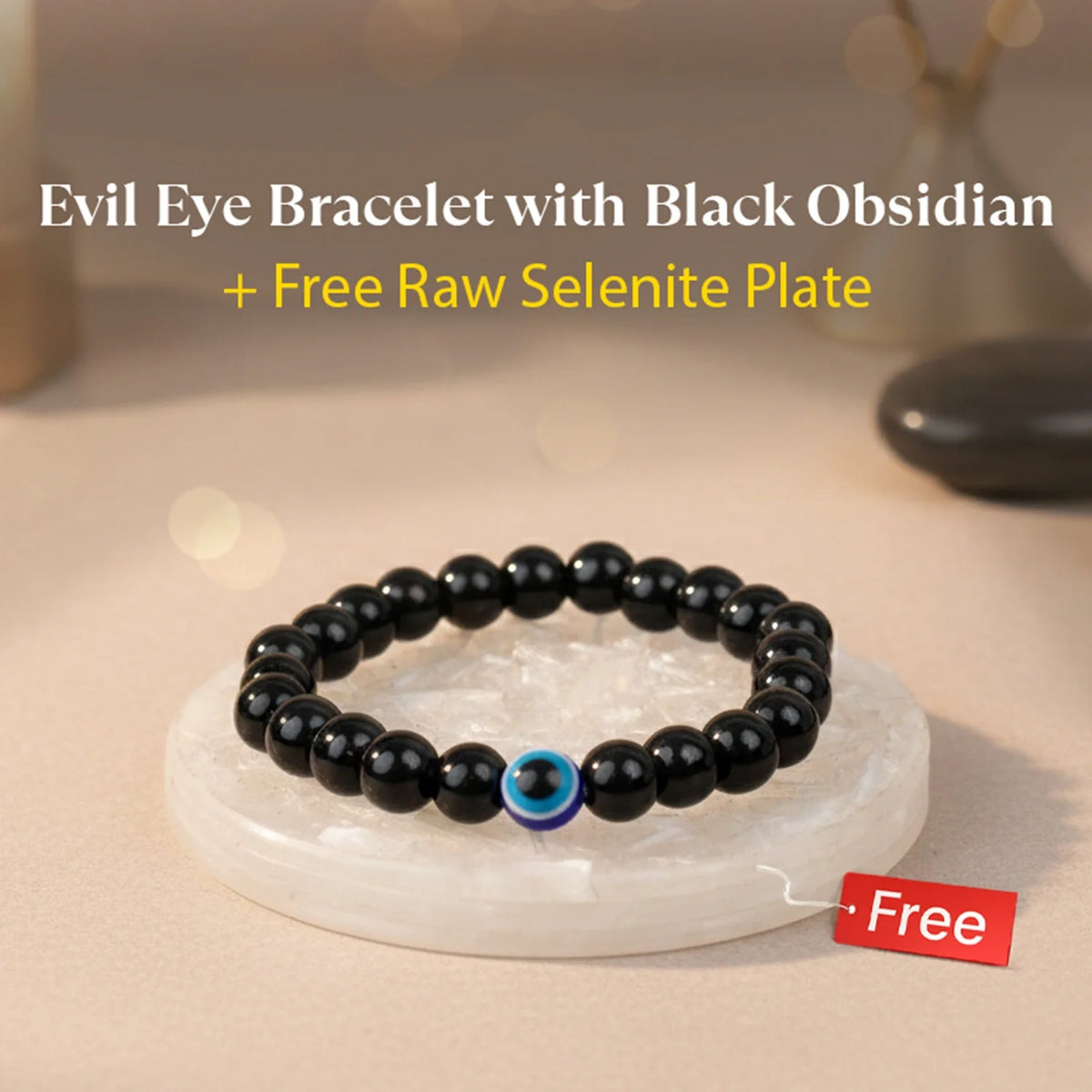 Black Obsidian Evil Eye Bracelet with FREE Raw Selenite Plate | VastuKosha by Acharya Anuj