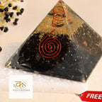 Black Obsidian Pyramid with Free Raw Square Selenite Plate | VastuKosha by Acharya Anuj