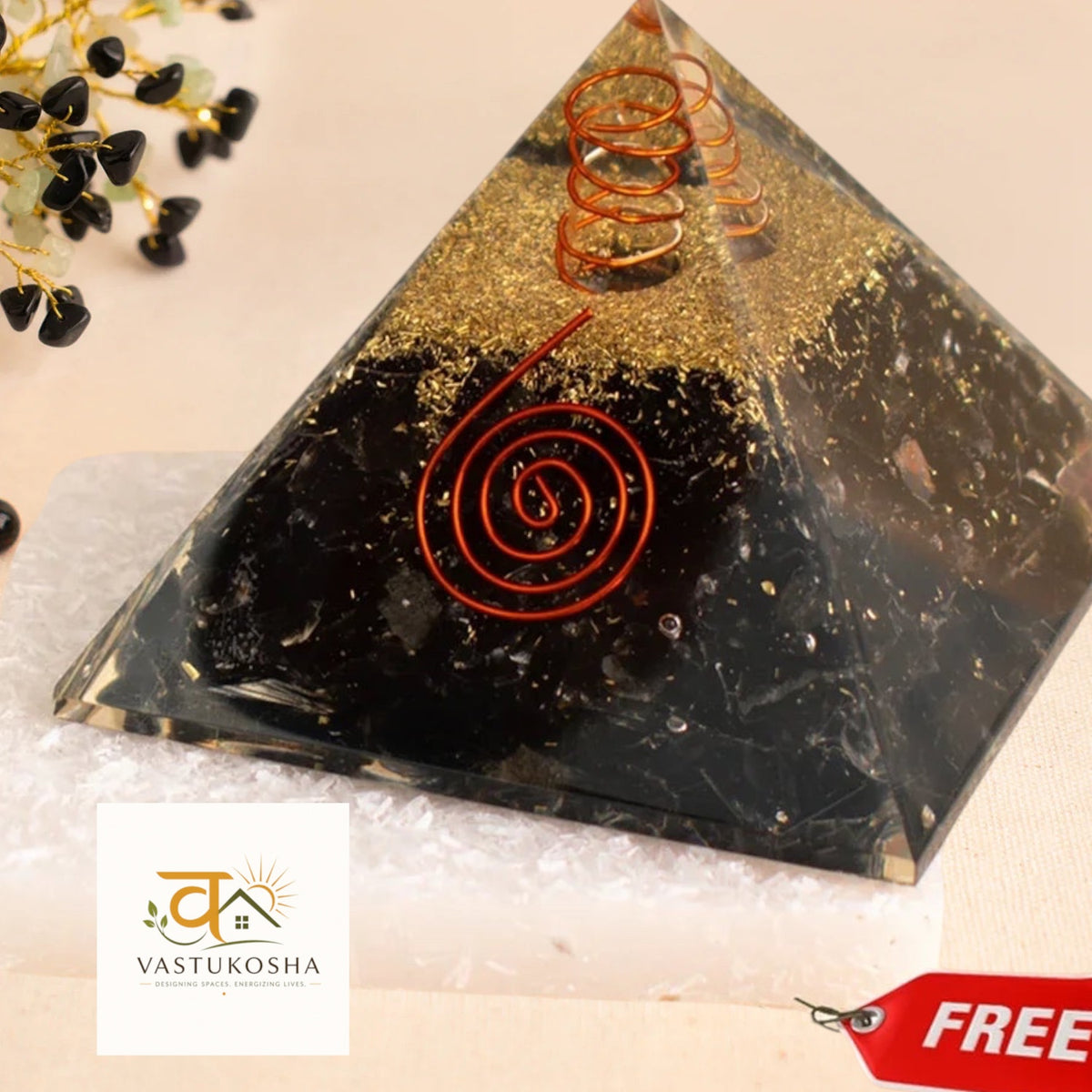 Black Obsidian Pyramid with Free Raw Square Selenite Plate | VastuKosha by Acharya Anuj