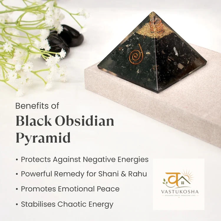 Black Obsidian Pyramid with Free Raw Square Selenite Plate | VastuKosha by Acharya Anuj