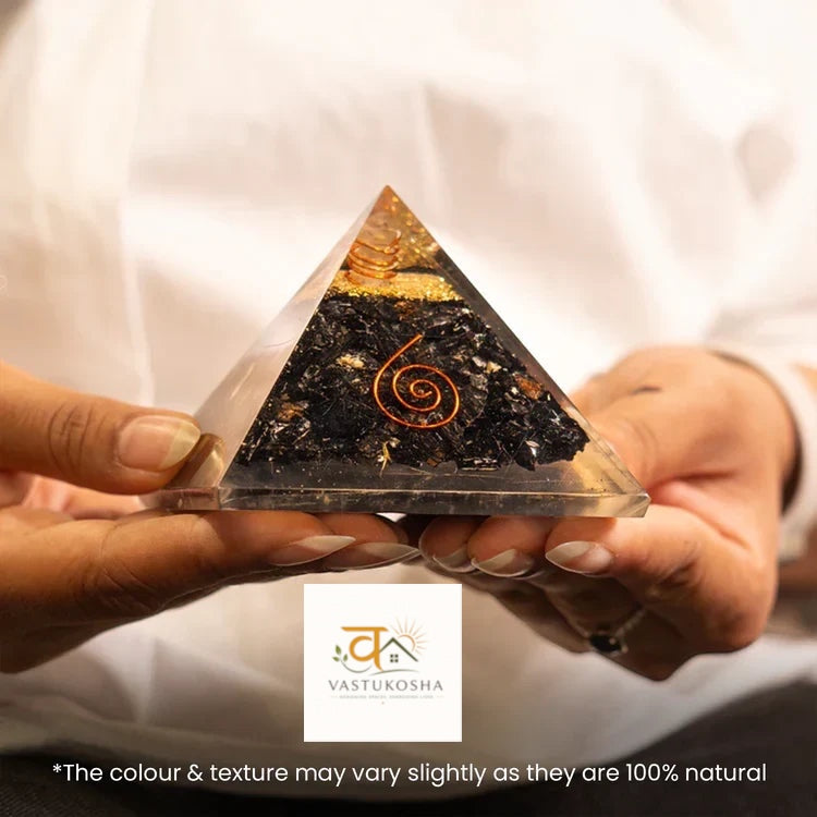 Black Obsidian Pyramid with Free Raw Square Selenite Plate | VastuKosha by Acharya Anuj