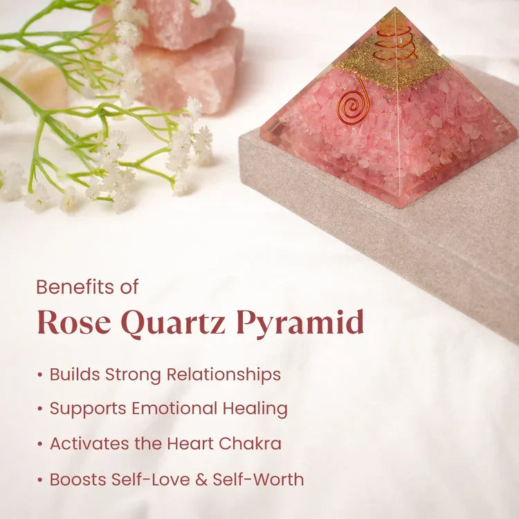 Rose Quartz Pyramid with Free Raw Square Selenite Plate | VastuKosha by Acharya Anuj