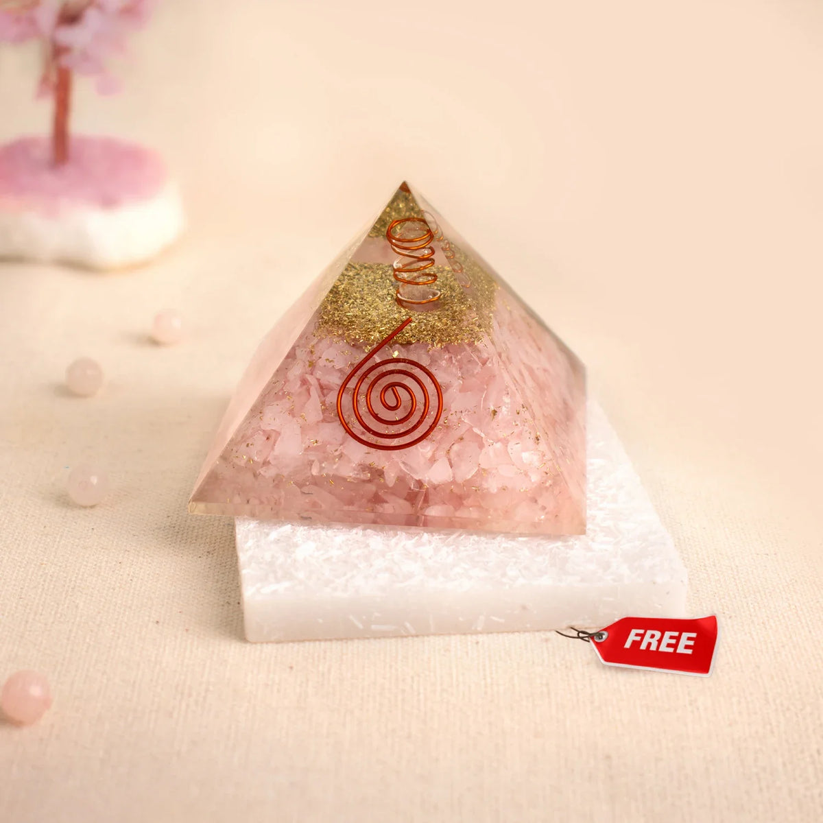 Rose Quartz Pyramid with Free Raw Square Selenite Plate | VastuKosha by Acharya Anuj