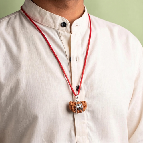VASTUKOSHA 1 Mukhi Rudraksha bead in a crescent Kaju shape, worn as a pendant on a red cord over a white shirt.