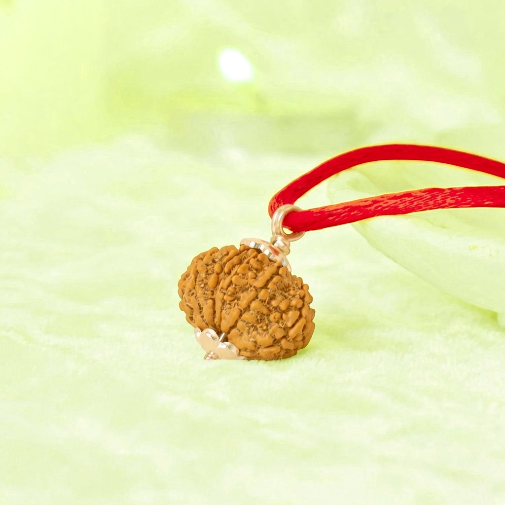 VASTUKOSHA 10 Mukhi Nepal origin Rudraksha bead with a red cord, traditionally prepared for spiritual practice.