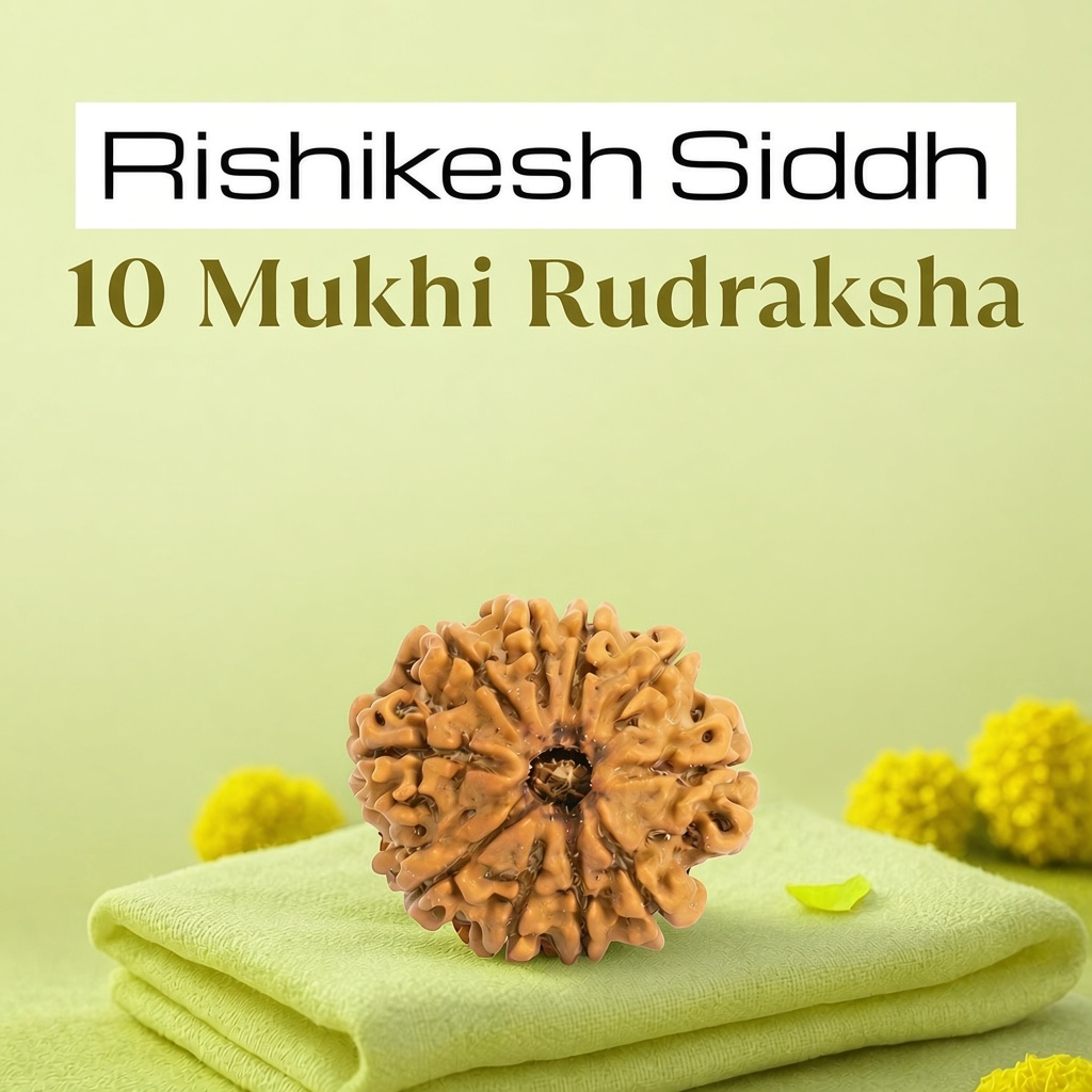 VASTUKOSHA 10 Mukhi Nepal origin Rudraksha bead with natural texture, resting on a soft green cloth for spiritual practice.
