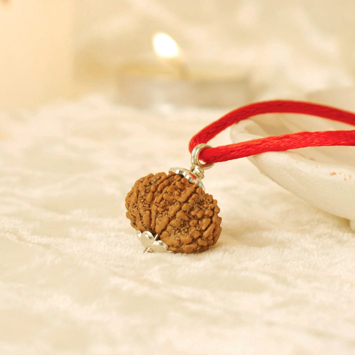 VASTUKOSHA 10 Mukhi Nepal Rudraksha bead on a red thread, featuring natural textured surface and silver-tone cap.
