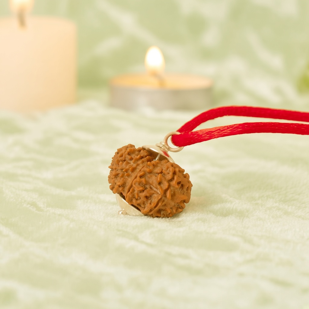 VASTUKOSHA 11 Mukhi Nepal Rudraksha bead on a red cord, featuring natural texture and spiritual design for meditation.