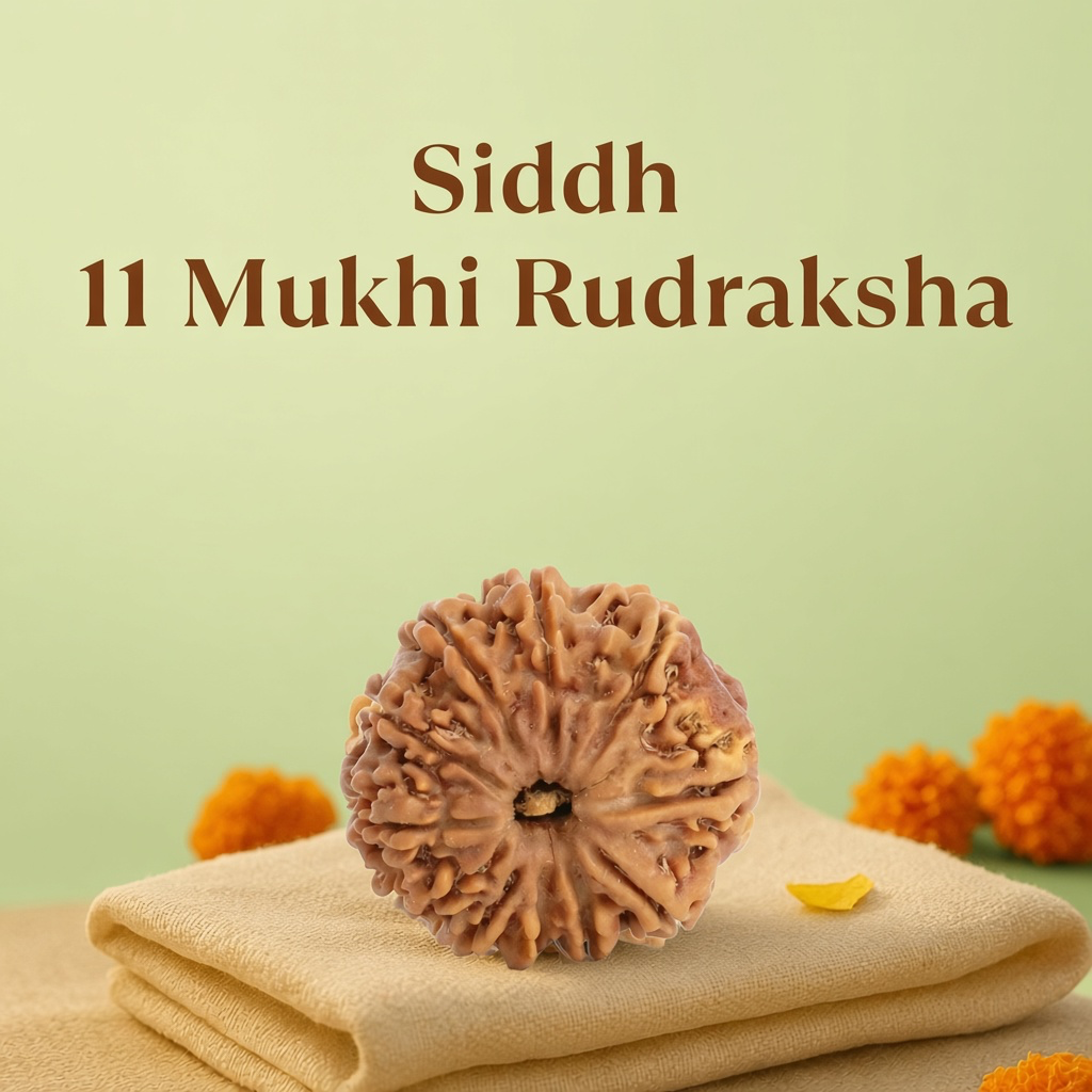 VASTUKOSHA Rameshwaram Siddh 11 Mukhi Nepal Rudraksha bead on a cloth with marigold flowers