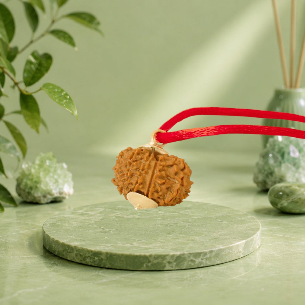 VASTUKOSHA 12 Mukhi Nepal Rudraksha bead pendant with a red cord on a green marble display stand.
