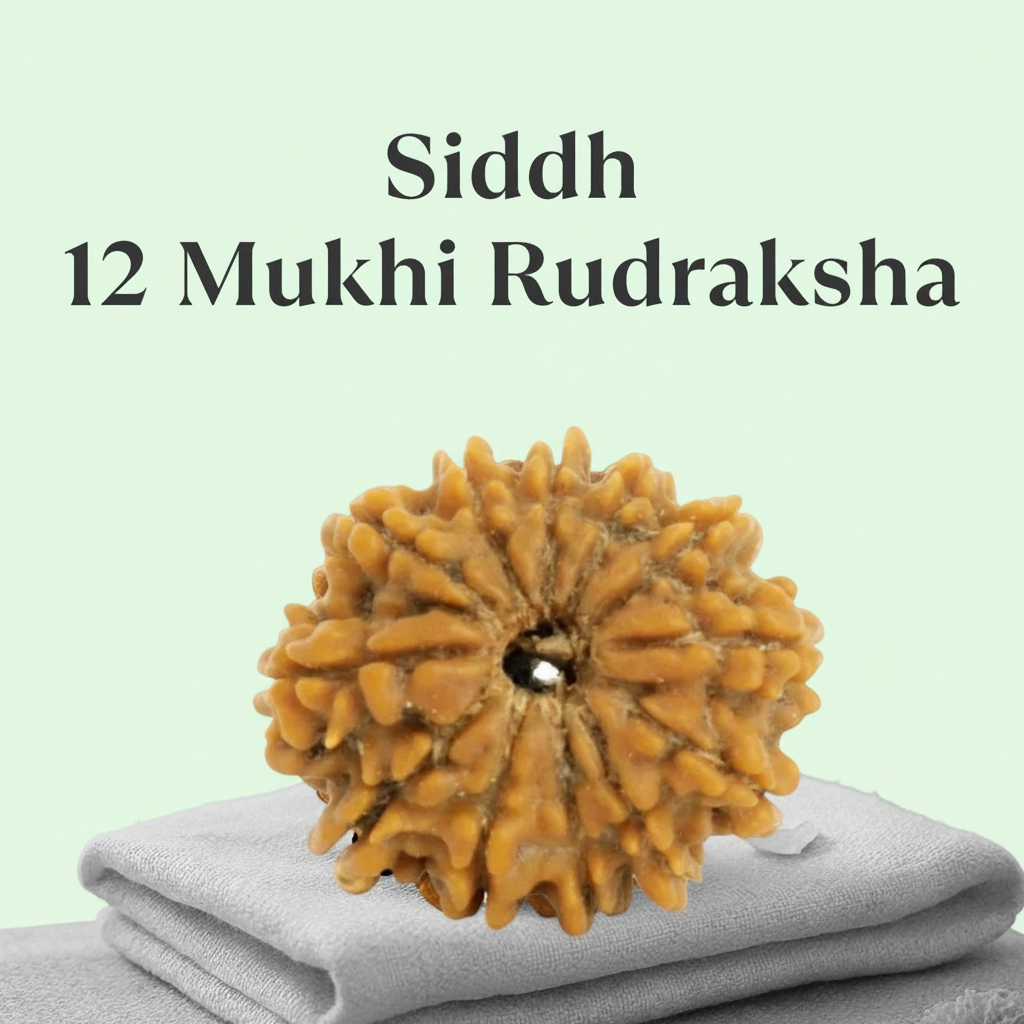 VASTUKOSHA Siddh 12 Mukhi Nepal origin Rudraksha bead with natural textured surface resting on a soft grey cloth.