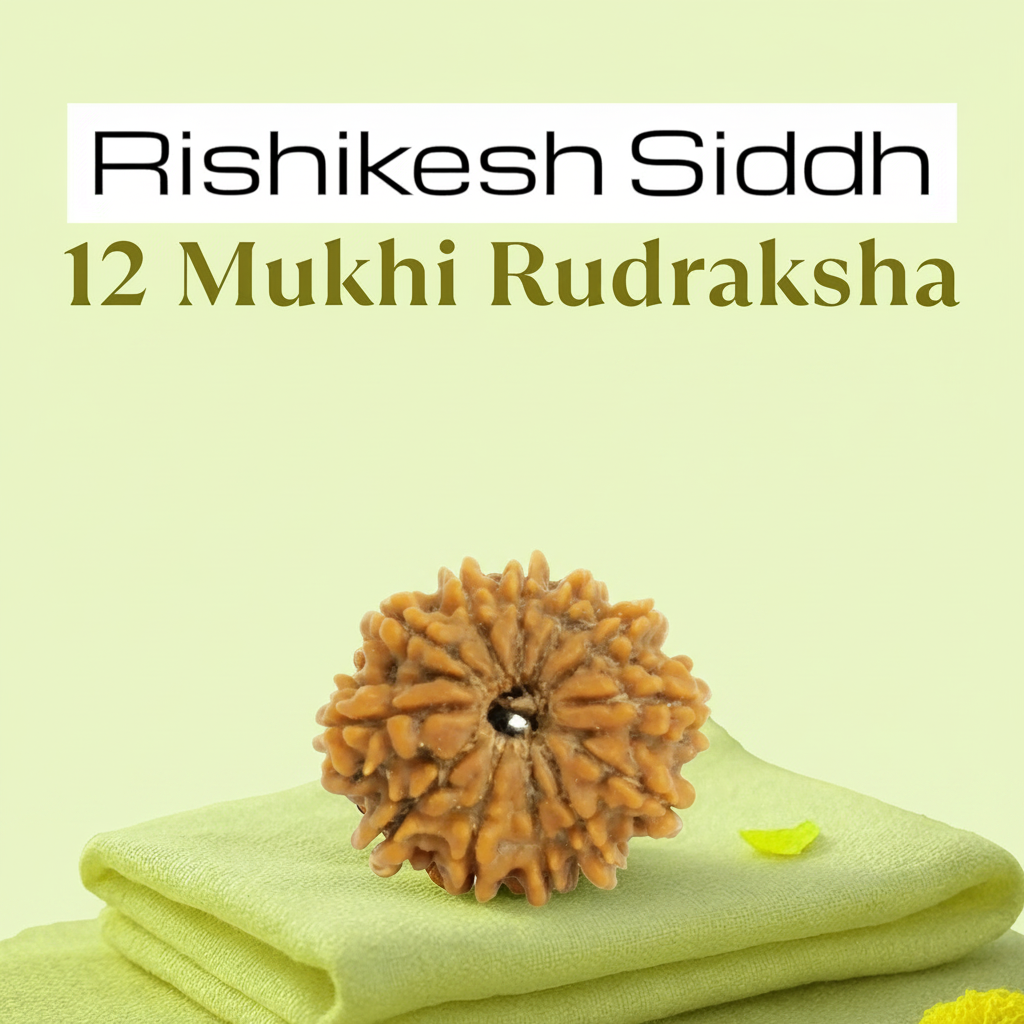 VASTUKOSHA 12 Mukhi Nepal origin Rudraksha bead with natural textured surface, displayed on a soft green cloth.