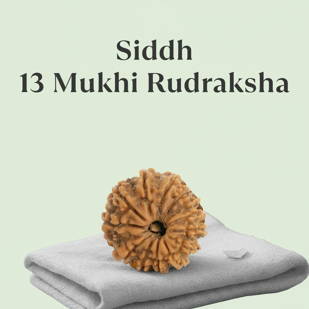 VASTUKOSHA Siddh 13 Mukhi Nepal origin Rudraksha bead with deep natural texture resting on a soft grey cloth
