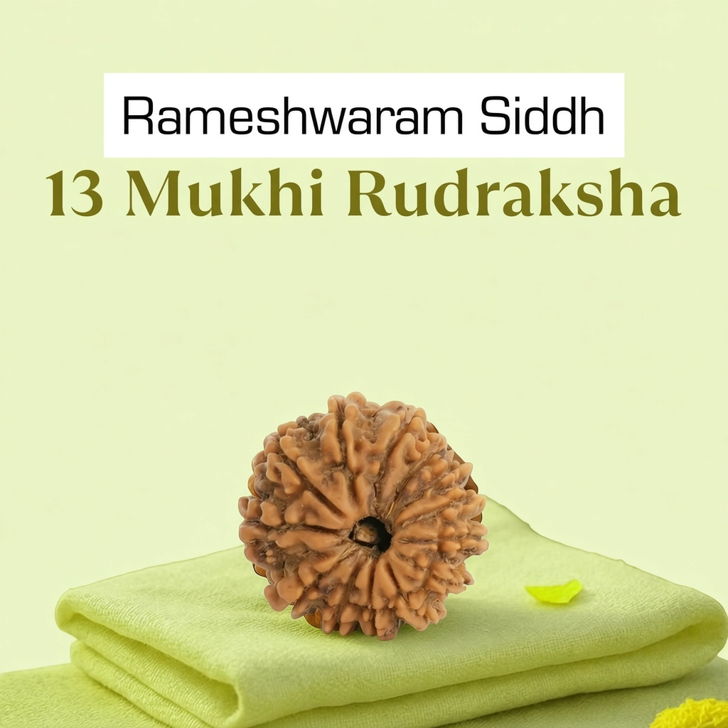 VASTUKOSHA Rameshwaram Siddh 13 Mukhi Nepal Rudraksha bead on a soft green cloth for spiritual practice.